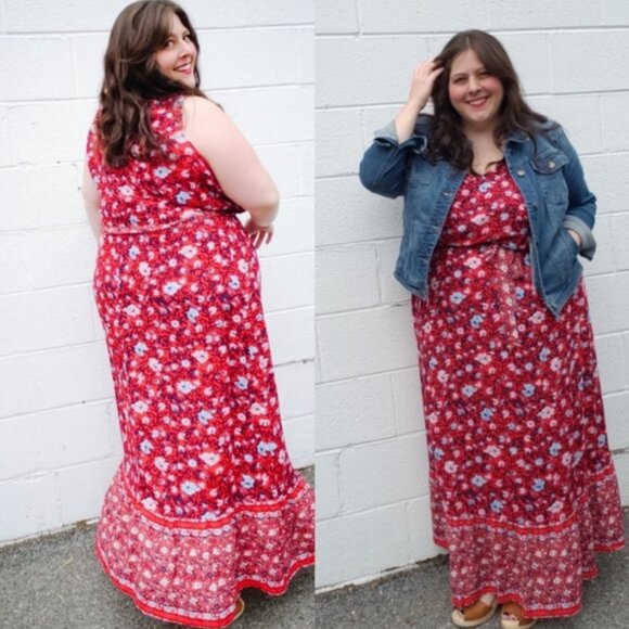 Westport Dress Barn Plus Size Red and Blue Floral Print Boho Maxi Dress - Picture 2 of 9